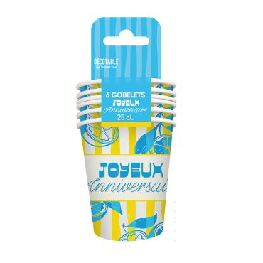 Lot de 8 assiettes en carton motif citrons bleus et rayures jaunes Joyeux Anniversaire 23cm | jourdefete.com