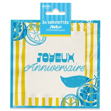 Lot de 24 serviettes en papier avec motifs citrons bleus et rayures jaunes pour anniversaire adulte | jourdefete.com