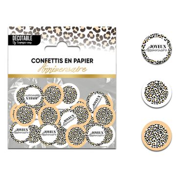 Sachet de confettis de table ronds avec motif léopard et texte Joyeux Anniversaire pour décoration de fête | jourdefete.com Sachet de confettis de table ronds avec motif léopard et texte Joyeux Anniversaire pour décoration de fête | jourdefete.com