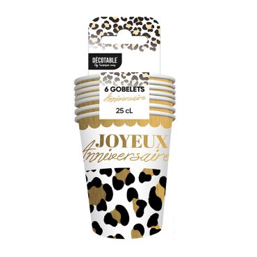 6 gobelets en carton motif léopard avec inscription Joyeux Anniversaire dorée | jourdefete.com