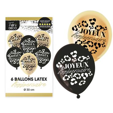 Lot de 6 ballons de baudruche noirs et beiges avec imprimé taches de léopard Joyeux Anniversaire | jourdefete.com