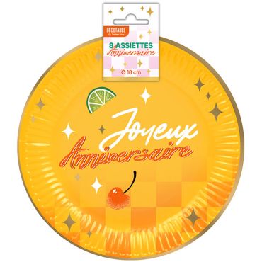 Assiettes en carton jaunes motif damier Joyeux Anniversaire thème Rétro Pop | jourdefete.com