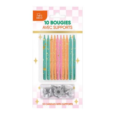 10 longues bougies d'anniversaire Rétro Pop colorées avec éclats dorés et supports | jourdefete.com 10 longues bougies d'anniversaire Rétro Pop colorées avec éclats dorés et supports | jourdefete.com