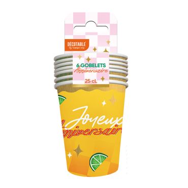 Gobelets en carton jaune et orange avec motif citron et inscription Joyeux Anniversaire pour table de fête Retro Pop | jourdefete.com