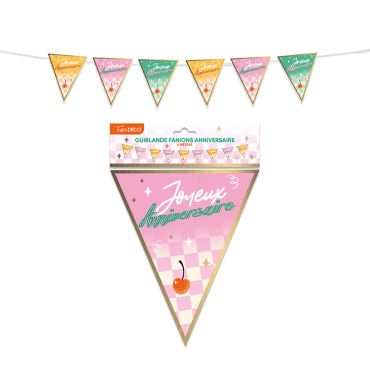Guirlande de fanions triangulaires Joyeux Anniversaire motifs damiers pastel rose vert jaune thème Rétro Pop | jourdefete.com Guirlande de fanions triangulaires Joyeux Anniversaire motifs damiers pastel rose vert jaune thème Rétro Pop | jourdefete.com