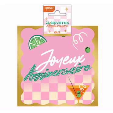 Serviettes en papier roses et dorées Joyeux Anniversaire motif cocktail thème Retro Pop | jourdefete.com