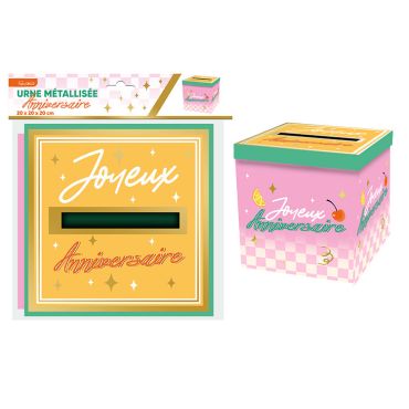 Urne d'anniversaire carrée en carton avec motifs damier rose, cerises et citrons sur le thème Rétro Pop | jourdefete.com Urne d'anniversaire carrée en carton avec motifs damier rose, cerises et citrons sur le thème Rétro Pop | jourdefete.com