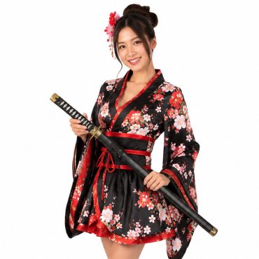 Femme souriante en costume traditionnel floral noir et rouge tenant un katana de samouraï noir avec son étui de protection | jourdefete.com Femme souriante en costume traditionnel floral noir et rouge tenant un katana de samouraï noir avec son étui de protection | jourdefete.com