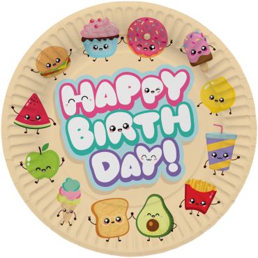 Assiettes en carton d'anniversaire avec personnages kawaii en forme de nourriture | jourdefete.com