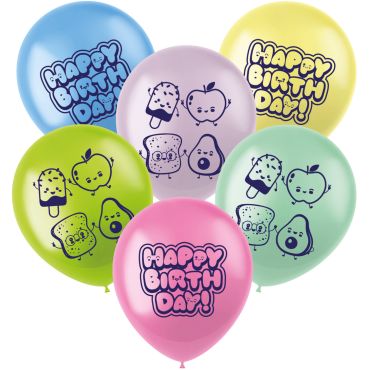 Lot de 6 ballons gonflables colorés en latex avec motifs aliments Kawaii et texte Happy Birthday | jourdefete.com
