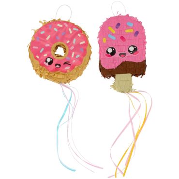 Deux mini piñatas au style kawaii en forme de donut rose et de glace avec des rubans | jourdefete.com Deux mini piñatas au style kawaii en forme de donut rose et de glace avec des rubans | jourdefete.com