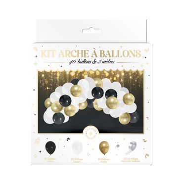 Kit arche de 40 ballons noir blanc et doré avec ruban d'accroche de 3 mètres pour fête du Nouvel An | jourdefete.com Kit arche de 40 ballons noir blanc et doré avec ruban d'accroche de 3 mètres pour fête du Nouvel An | jourdefete.com