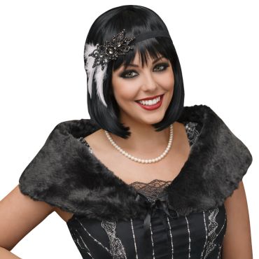 Femme portant un col en fausse fourrure noire et un bandeau Charleston avec plumes blanches | jourdefete.com Femme portant un col en fausse fourrure noire et un bandeau Charleston avec plumes blanches | jourdefete.com