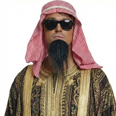 Homme portant le set de déguisement de cheik arabe avec foulard, cordes, lunettes noires et fausse barbe | jourdefete.com Homme portant le set de déguisement de cheik arabe avec foulard, cordes, lunettes noires et fausse barbe | jourdefete.com