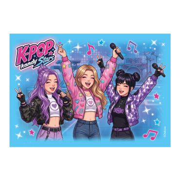 Feuille A5 comestible K-Pop Kandy Stars avec trois chanteuses sur fond bleu étoilé | jourdefete.com