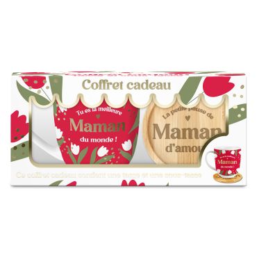 Coffret cadeau avec tasse rouge motif tulipes et sous-tasse en bambou pour la Fête des Mères | jourdefete.com Coffret cadeau avec tasse rouge motif tulipes et sous-tasse en bambou pour la Fête des Mères | jourdefete.com