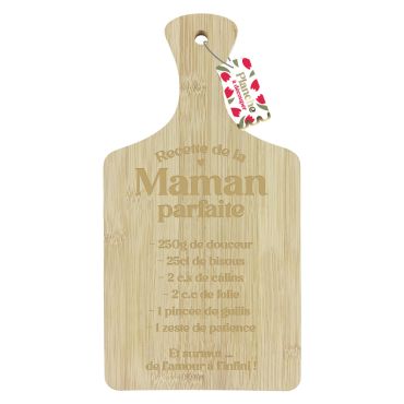 Planche à découper en bambou gravée avec le texte Recette de la Maman parfaite pour cadeau de Fête des Mères | jourdefete.com Planche à découper en bambou gravée avec le texte Recette de la Maman parfaite pour cadeau de Fête des Mères | jourdefete.com