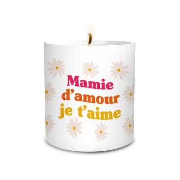 Bougie blanche "Mamie d’amour je t’aime" avec fleurs imprimées | jourdefete.com