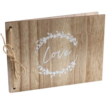 Livre d'or en bois avec décoration végétale et "Love" écrit | jourdefete.com