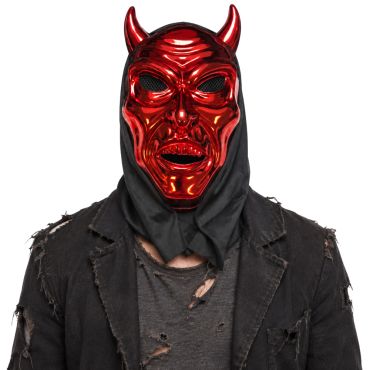 Masque de diable rouge métallisé et effrayant avec des cornes et une capuche noire pour Halloween | jourdefete.com