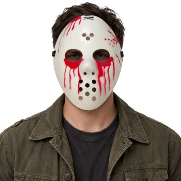 Masque de hockey blanc d'Halloween avec perforations et coulures de sang rouge | jourdefete.com