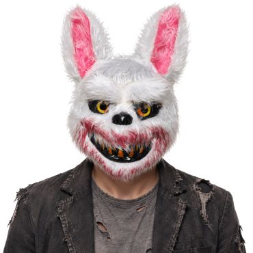 Masque Halloween en peluche de lapin blanc maléfique avec dents pointues sanglantes et yeux jaunes  | jourdefete.com