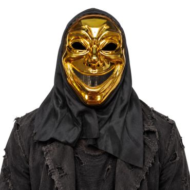 Masque d'Halloween de tueur fou doré brillant avec rictus sadique et voile noir | jourdefete.com