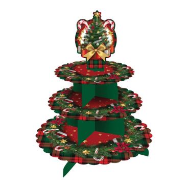 Plateau de présentation 3 étages motif Arbre de Noël décor rouge et vert pour desserts et gourmandises festives | jourdefete.com