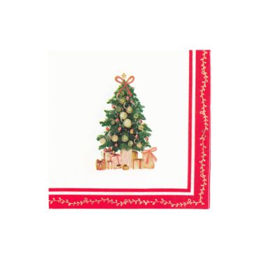 Lot de 16 serviettes en papier Santa's Christmas 33x33 cm avec sapin décoré, paquets cadeaux et frise festive rouge et or | jourdefete.com