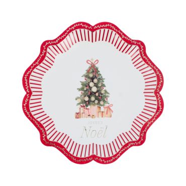 Assiettes en carton festonnées avec sapin de Noël et rayures rouges et blanches | jourdefete.com
