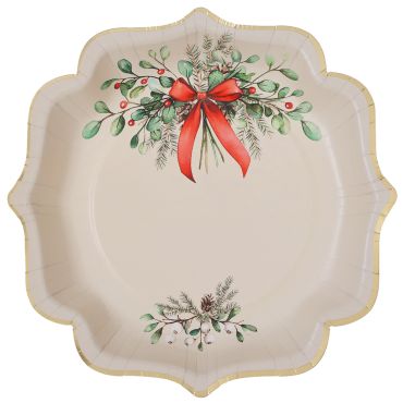 Assiette festive festonnée ivoire collection Jolis Rubans avec nœud rouge de Noël | jourdefete.com Assiette festive festonnée ivoire collection Jolis Rubans avec nœud rouge de Noël | jourdefete.com