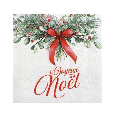 Serviette en papier Noël avec inscription "Joyeux Noël" en rouge, décor de gui, houx, eucalyptus et nœud rouge | jourdefete.com Serviette en papier Noël avec inscription "Joyeux Noël" en rouge, décor de gui, houx, eucalyptus et nœud rouge | jourdefete.com