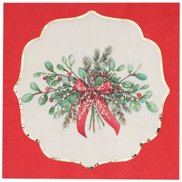 Serviette en papier rouge Noël Enchanté avec motif végétal et ruban doré 33x33 cm | jourdefete.com Serviette en papier rouge Noël Enchanté avec motif végétal et ruban doré 33x33 cm | jourdefete.com