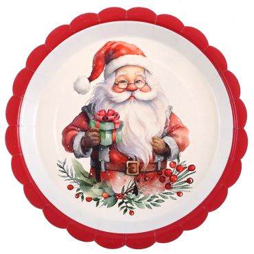 Assiette en carton festonnée rouge avec illustration vintage de Père Noel tenant un cadeau | jourdefete.com Assiette en carton festonnée rouge avec illustration vintage de Père Noel tenant un cadeau | jourdefete.com