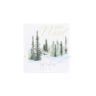 Pack de 20 serviettes cocktail papier Joyeux Noël motif cerf et forêt givrée dorée | jourdefete.com