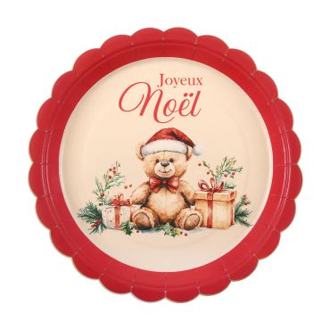 Assiette en carton ronde festonnée Teddy de Noël 23 cm | jourdefete.com