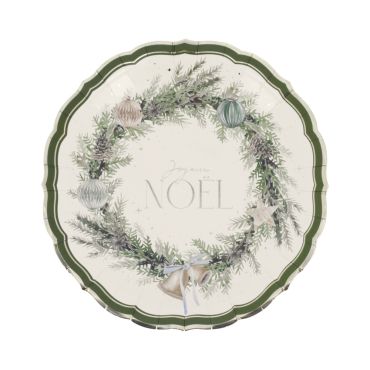 8 assiettes en carton Joyeux Noël au chalet couronne végétale vert kaki et or | jourdefete.com 8 assiettes en carton Joyeux Noël au chalet couronne végétale vert kaki et or | jourdefete.com