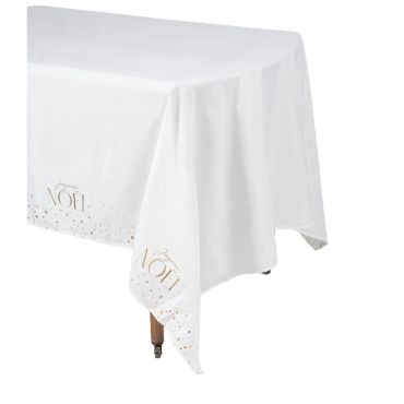 Nappe rectangulaire lavable en tissu crème et doré Joyeux Noël au chalet 140x240 cm | jourdefete.com