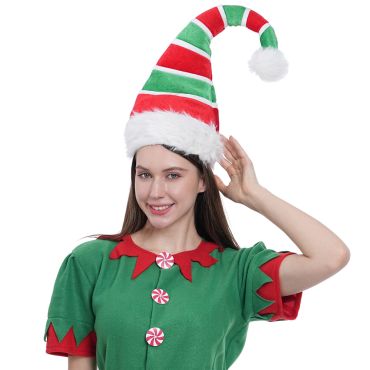 Bonnet de lutin de Noël rayé rouge et vert luxe avec pompon blanc | jourdefete.com Bonnet de lutin de Noël rayé rouge et vert luxe avec pompon blanc | jourdefete.com
