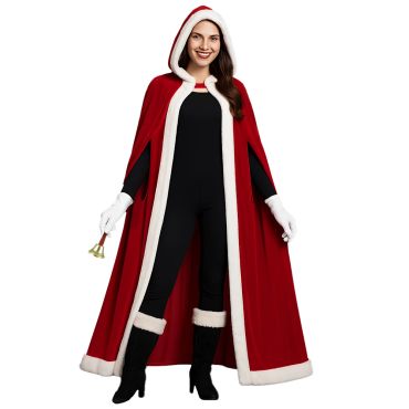 Femme portant une cape de Noël rouge et blanche avec capuche, tenue élégante de Mère Noël | jourdefete.com Femme portant une cape de Noël rouge et blanche avec capuche, tenue élégante de Mère Noël | jourdefete.com