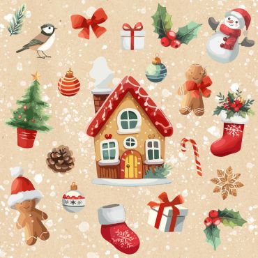 Serviettes de Noël 33 x 33 cm avec maison en pain d’épices et décorations festives | jourdefete.com
