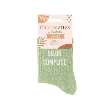 Chaussettes vertes pailletées "Sœur Complice" à offrir à une sœur | jourdefete.com Chaussettes vertes pailletées "Sœur Complice" à offrir à une sœur | jourdefete.com