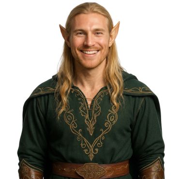Homme souriant portant une paire de grandes oreilles d'elfe pointues | jourdefete.com Homme souriant portant une paire de grandes oreilles d'elfe pointues | jourdefete.com
