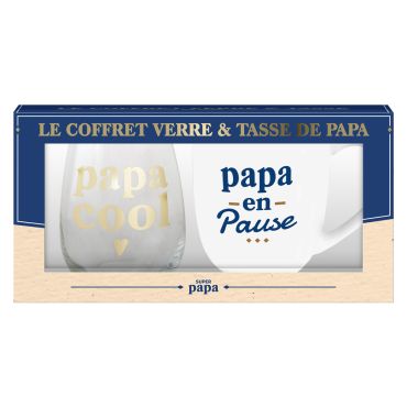 Coffret cadeau contenant un verre transparent "Papa Cool" et un mug blanc "Papa en pause" pour la fête des pères | jourdefete.com