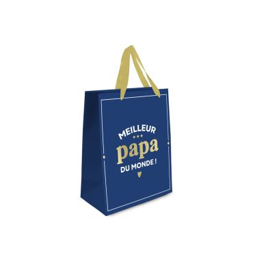 Sac cadeau bleu marine et doré avec texte Meilleur papa du monde pour la fête des pères | jourdefete.com