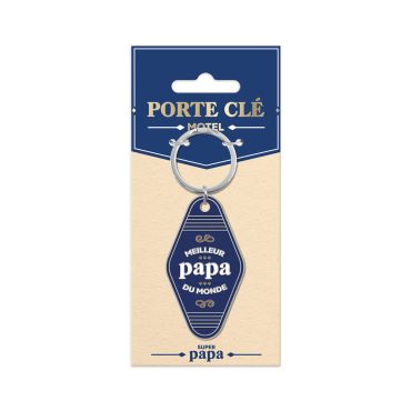 Porte-clés bleu de style motel avec l'inscription Meilleur papa du monde en lettres dorées et blanches | jourdefete.com
