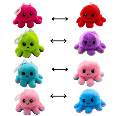 Porte-clés peluche pieuvre réversible affichant une face joyeuse et une face fâchée | jourdefete.com