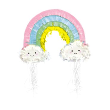 Découvrez la pinata arc-en-ciel avec un petit nuage blanc à chaque extrémité. Découvrez la pinata arc-en-ciel avec un petit nuage blanc à chaque extrémité.