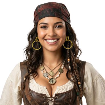 Femme souriante portant de larges boucles d'oreilles anneaux dorés avec un costume de pirate complet | jourdefete.com Femme souriante portant de larges boucles d'oreilles anneaux dorés avec un costume de pirate complet | jourdefete.com