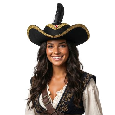 Femme souriante portant un chapeau de pirate noir avec liseré doré, plume et rubis rouge | jourdefete.com Femme souriante portant un chapeau de pirate noir avec liseré doré, plume et rubis rouge | jourdefete.com